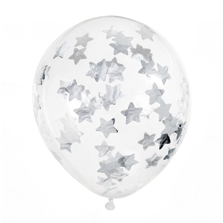 Balón s konfetami PartyDeco - Hviezdičky (strieborné) 30cm (6ks)