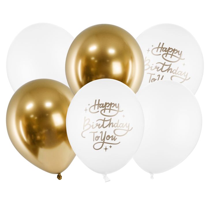 Balóny PartyDeco (set 6ks) - Happy Birthday To You (bielo-zlaté)