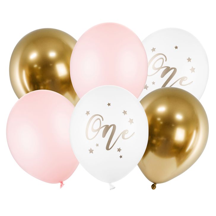 Balóny PartyDeco (set 6ks) - One (ružovo-bielo-zlaté)