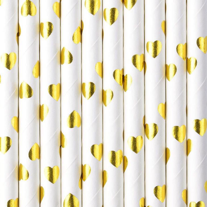Slamky papierové - Biele so zlatými srdiečkami (10ks)