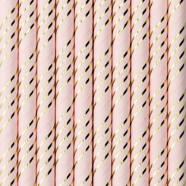 Slamky papierové - Ružové so zlatými pásikmi (10ks)